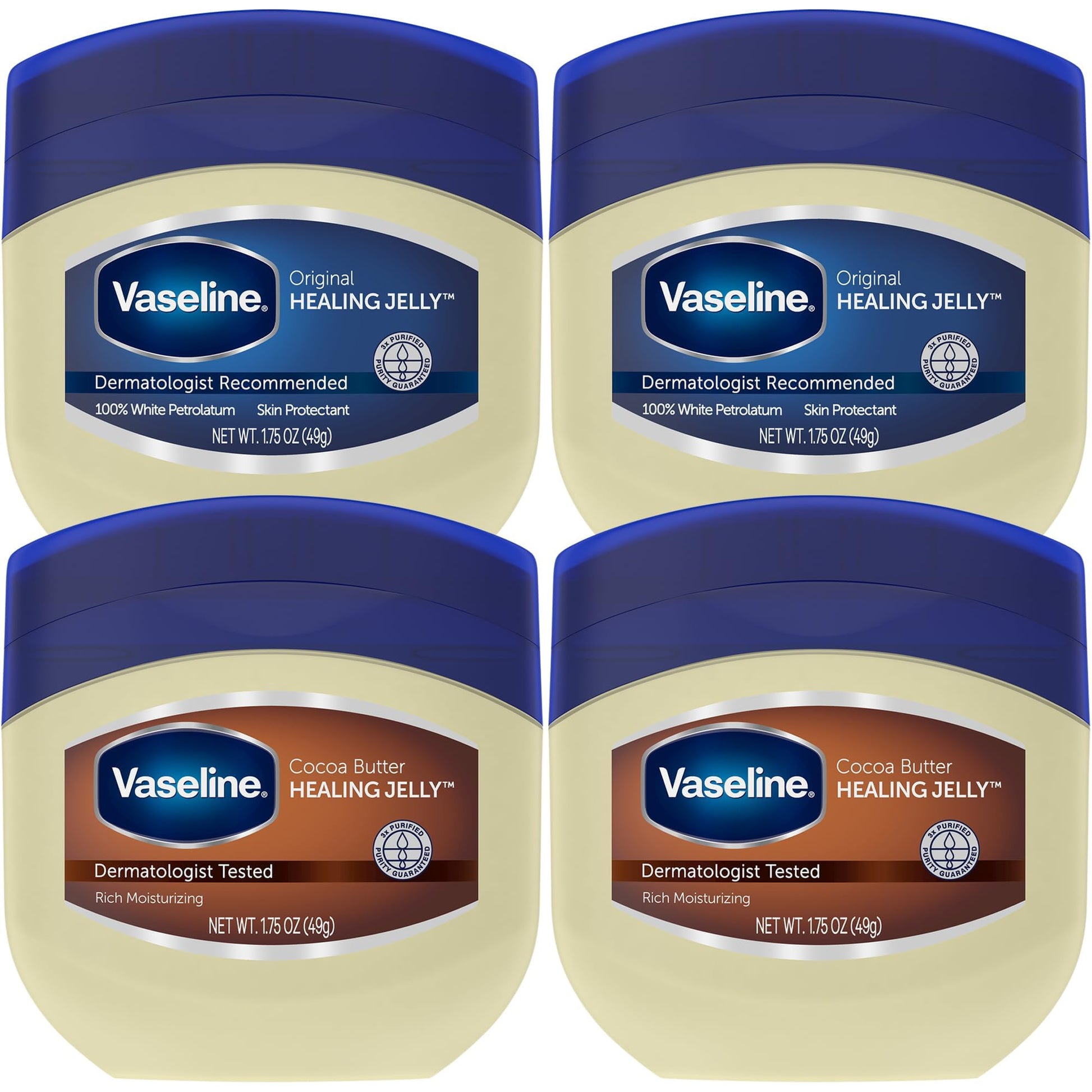 Vaseline Original &amp;amp; Cocoa Butter Healing Jelly Travel-Size Variety 4-Pack – Rich Moisturizing Ointment, Skin Protectant for Soothing Cracked, Dry Skin, 1.75 Oz Ea