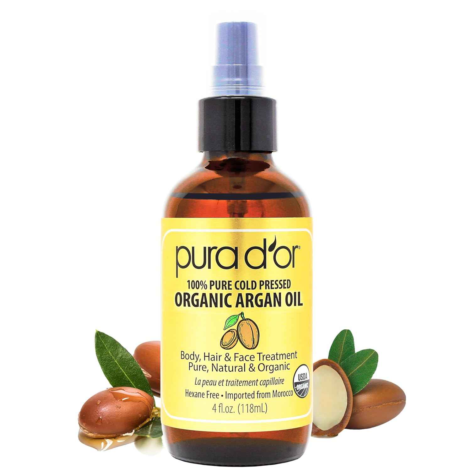 PURA D'OR 4 Oz Organic – 100% Pure Cold-Pressed Virgin Grade – Lightweight Moisturizer for Skin, Face, Body & Hair Relaxer – Helps Dry Skin, Scalp Care, Split Ends, Nails & Cuticles