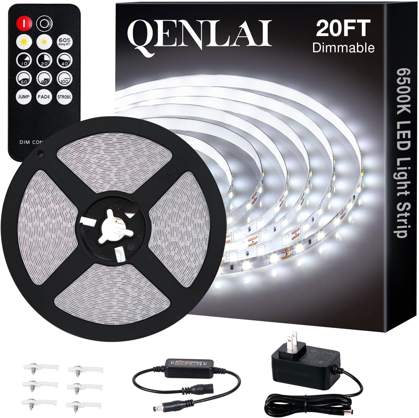 20ft/40ft/66ft_White_LED_Strip_Lights,_Upgraded_6500K_Dimmable_Tape_Lights_with_Remote_and_Plug,_12V_360_LEDs_Flexible_Sticky_Cuttable_Led_Light_Strips_for_Bedroom_Ceiling_Kitchen_Under_Cabinet_Lighting