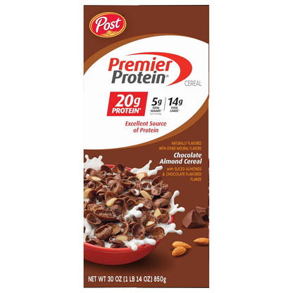 Post Premier Protein Cereal, Chocolatey Protein Cereal Flakes with Sliced Almonds, Contains 20g of Protein Per Serving, 30 OZ Box