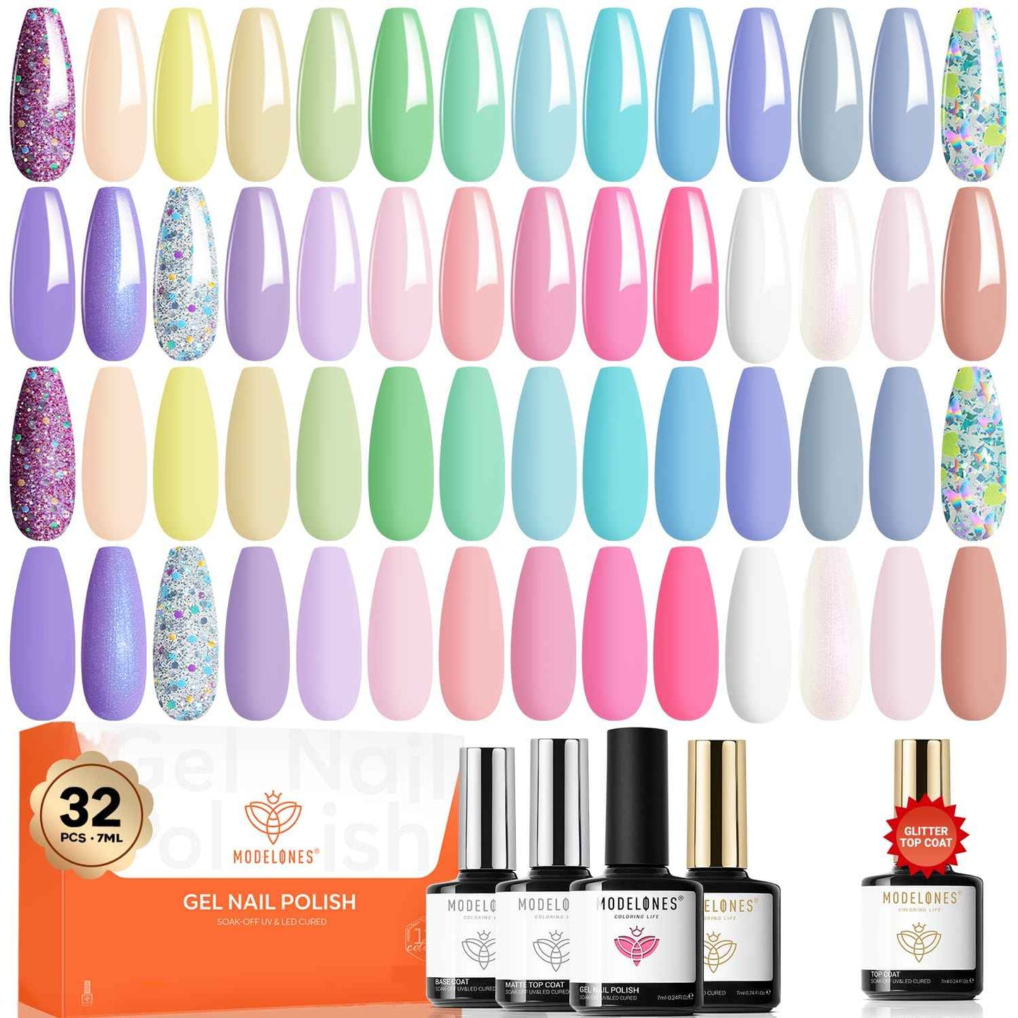 modelones 32 PCS Gel Nail Polish Set, 28 Colors Gel Polish with No Wipe Base Coat, Glitter & Glossy & Matte Top Coat Black Brown Red Purple Soak Off LED Nail Art Kit Salon at Home
