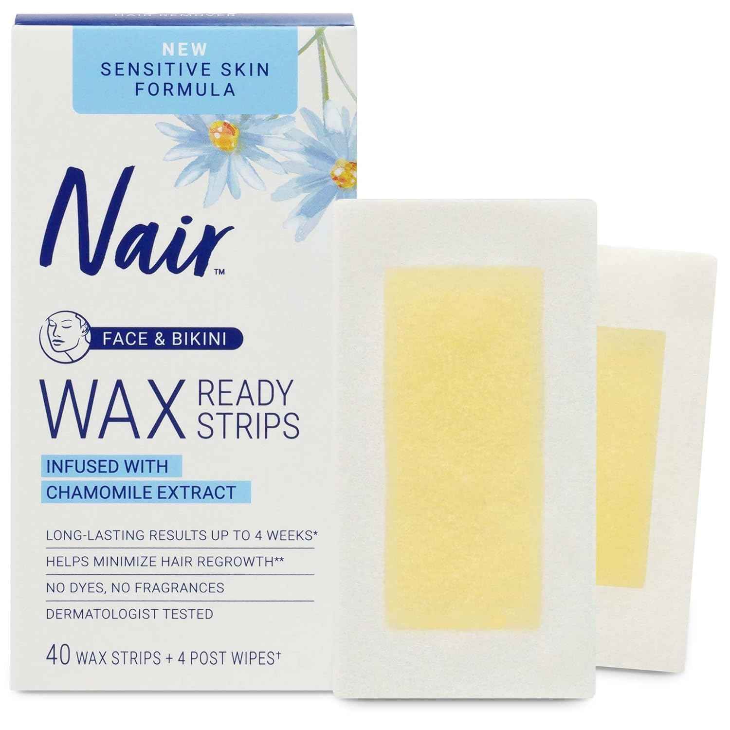 Nair Sensitive Hair Remover Wax Ready Strips, Face and Bikini Hair Removal Wax Strips, 40 Count