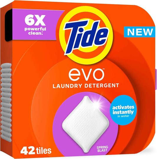 Tide evo Spring Blast Scent Laundry Detergent Fiber Tiles Works on 100% of Common Stains Safe for All Machines and Water Conditions Concentrated HE Compatible Clean and Instant Dissolve, 42 Count