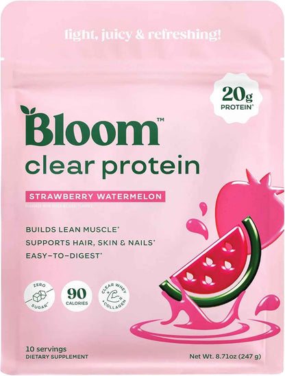 Bloom Clear Protein, Whey Protein Isolate with Collagen Peptides and Digestive Enzymes, 20g Protein, Sugar Free Post Workout Drink Mix, 90 Calories, 10 Servings