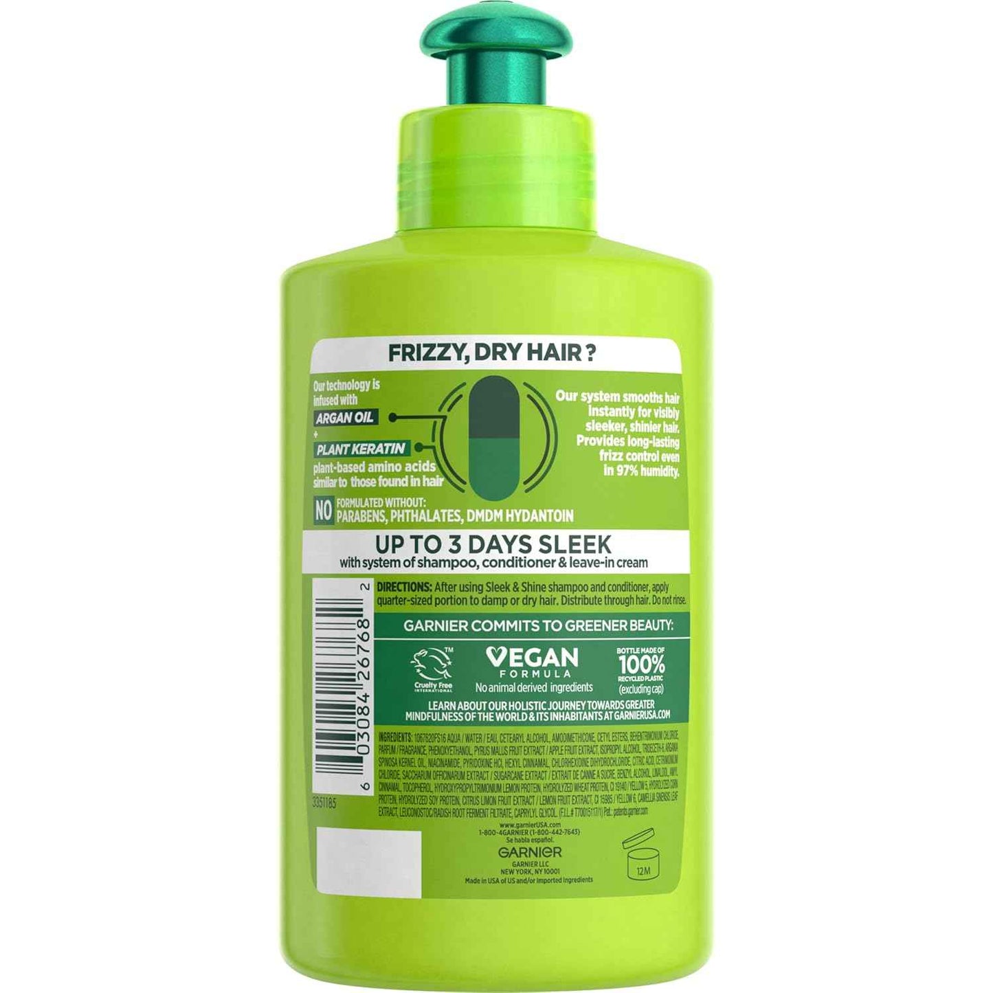 Garnier Fructis Sleek & Shine Leave-In Conditioning Cream for Frizzy, Dry Hair, Plant Keratin + Argan Oil, 10.2 Fl Oz