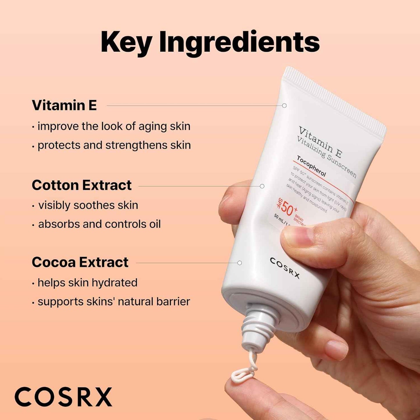 COSRX Vitamin E Vitalizing Sunscreen,SPF 50 Face Sunscreen, Lightweight, Non-Sticky, No White Cast, Hydrating, Beach Essentials, Travel Essentials, Korean Skincare, Mothers Day Gift for Mom1.69 fl oz