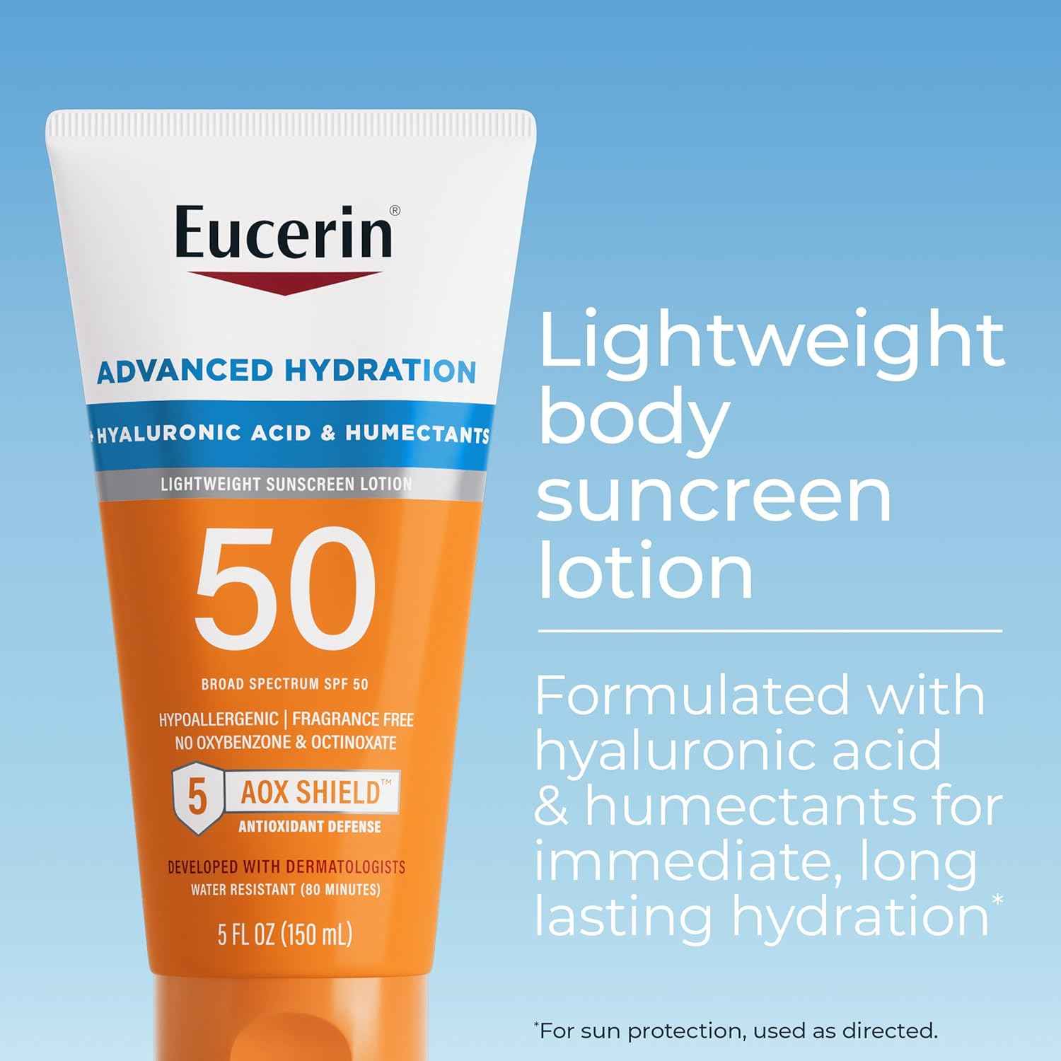 Eucerin Sun Advanced Hydration Sunscreen Lotion, Lightweight Sunscreen with Hyaluronic Acid and Humectants, Hypoallergenic, Fragrance Free, No Oxybenzone or Octinoxate, 5 Fl Oz Tube