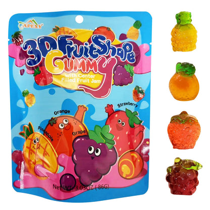 Apexy 3D Fruit Gummy Candy With Center Filled Fruit Flavor Jam, Assorted Flavors, Gummy Candy Fruit Snacks, Great For Party or Cupcake Toppers, 3.03oz (Pack of 3)