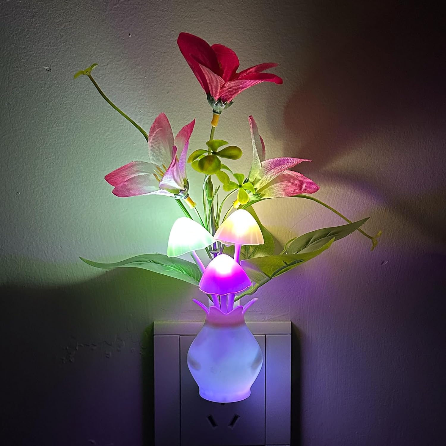 Plug-in_Night_Light_with_Auto_Light_Sensor,_RGB_LED_Mushroom_Night_Light_Wall_Based_Flower_Lamp_1W_Energy_Efficient_Nursery_Nightlight_for_Kids_Room,_Bedroom,_Nursery,_Lounge,_Hallway_and_Stairs