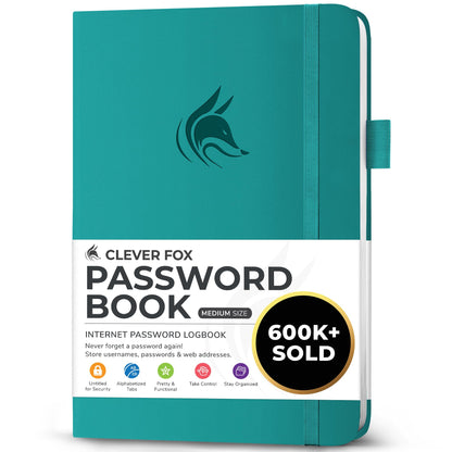 Clever Fox Password Book with alphabetical tabs. Internet Address Organizer Logbook. Medium Password Keeper for Website Logins (Aquamarine)