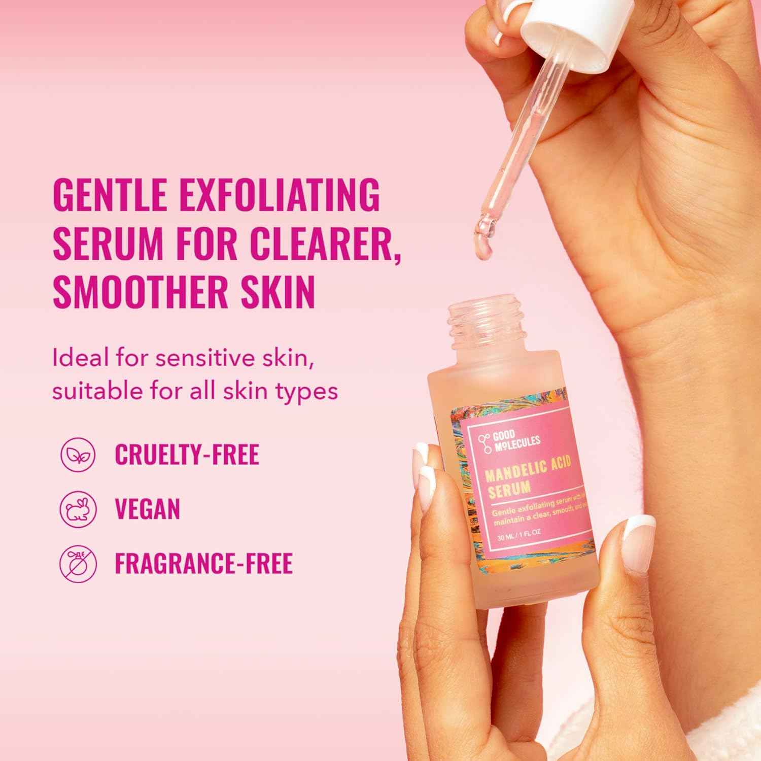 Good Molecules Mandelic Acid Serum - Gentle Face Exfoliator Serum with Ultra Hydrating Hyaluronic Acid - Exfoliating PHAs to Brighten Skin - Skin Care For Face