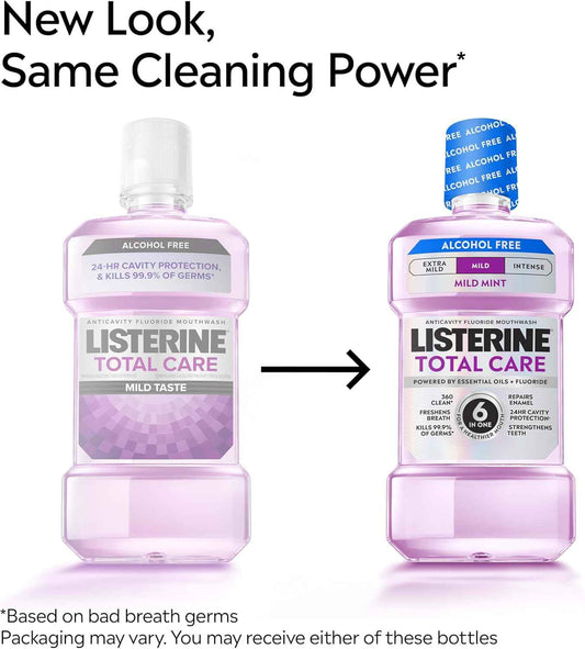 Listerine Total Care Alcohol-Free Mild Mouthwash, 6 Benefit Oral Rinse to Help Kill 99.9% of Germs that Cause Bad Breath, Strengthen Enamel, Mild Mint Flavor