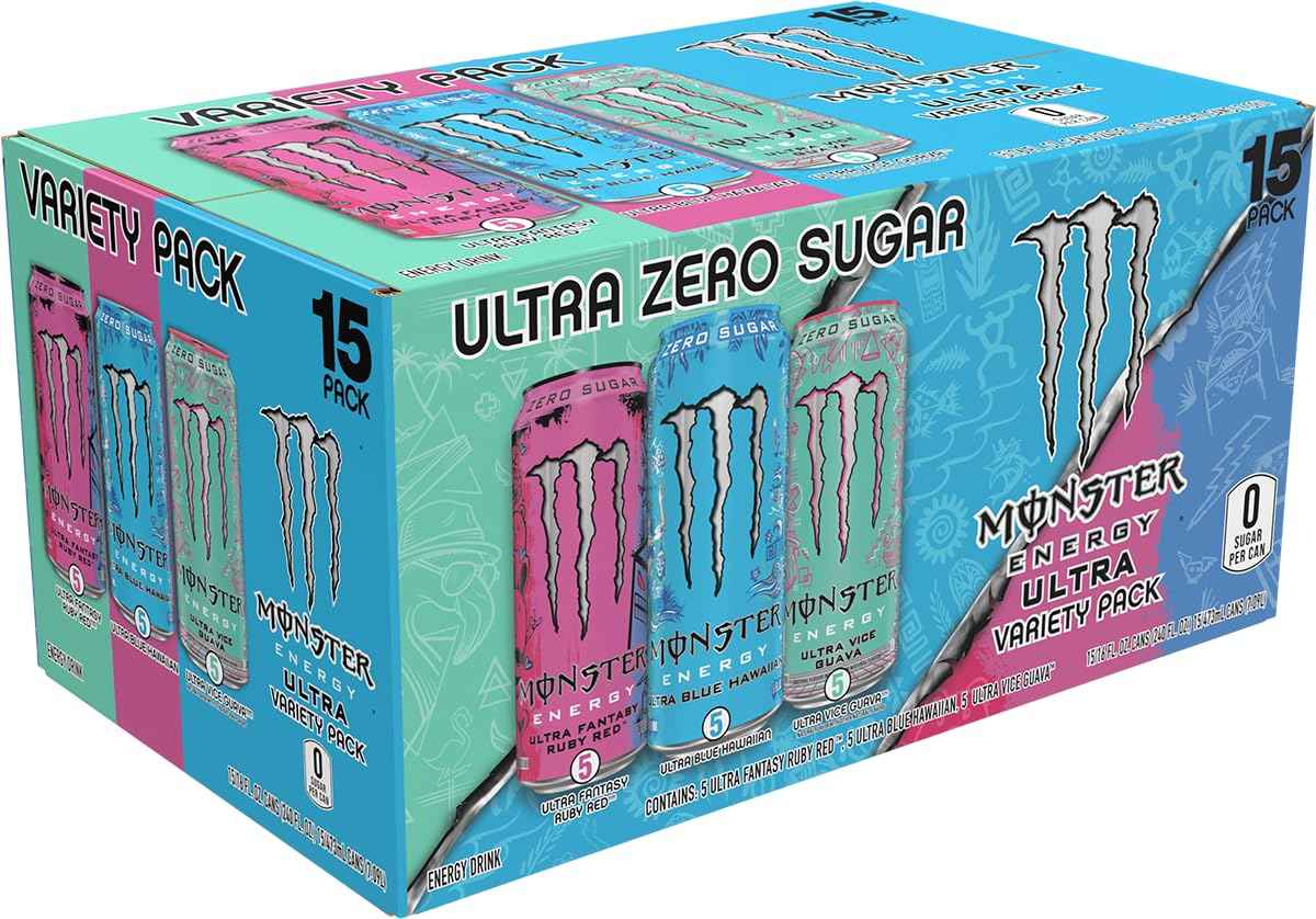 Monster Energy Ultra Variety Pack, Blue Hawaiian, Ultra Vice Guava, Ultra Fantasy Ruby Red, Sugar Free Energy Drink, 16 Ounce Can (Pack of 15)