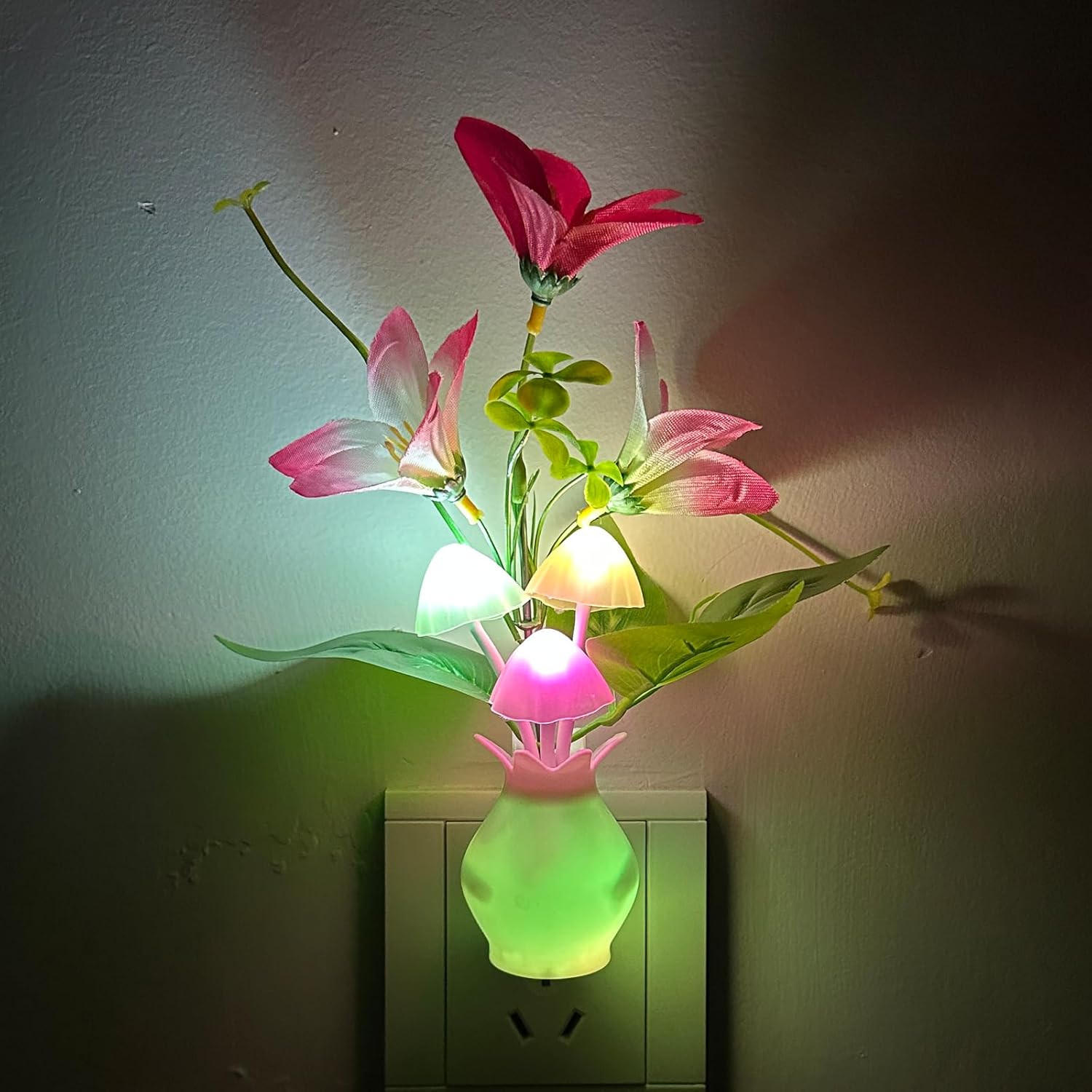 Plug-in_Night_Light_with_Auto_Light_Sensor,_RGB_LED_Mushroom_Night_Light_Wall_Based_Flower_Lamp_1W_Energy_Efficient_Nursery_Nightlight_for_Kids_Room,_Bedroom,_Nursery,_Lounge,_Hallway_and_Stairs