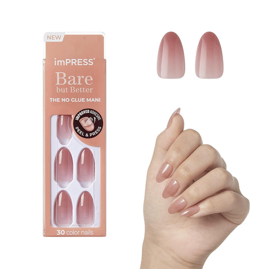 KISS_imPRESS_No_Glue_Mani_Press_On_Nails,_Bare_but_Better,_'Serenity',_Medium_Pink,_Medium_Size,_Almond_Shape,_Includes_30_Nails,_Prep_Pad,_Instructions_Sheet,_1_Manicure_Stick,_1_Mini_File