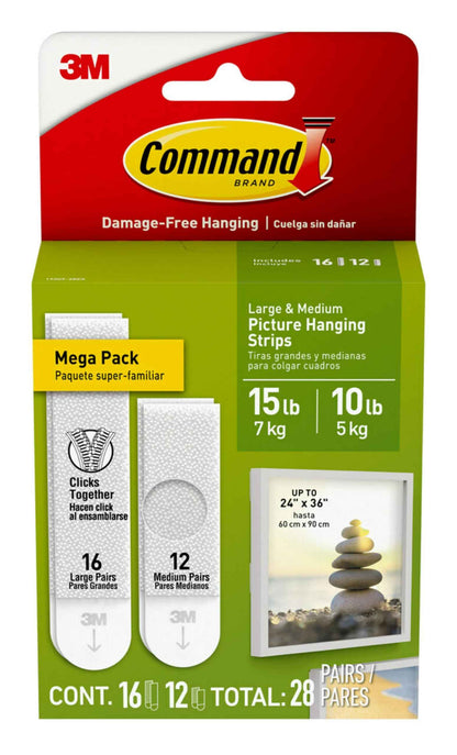 Command 15 lb & 10 lb Large and Medium Picture Hanging Strips, Damage-Free Hangers for Picture Frames, No Tools Required, Great for Home Room Wall Decor, White Adhesive