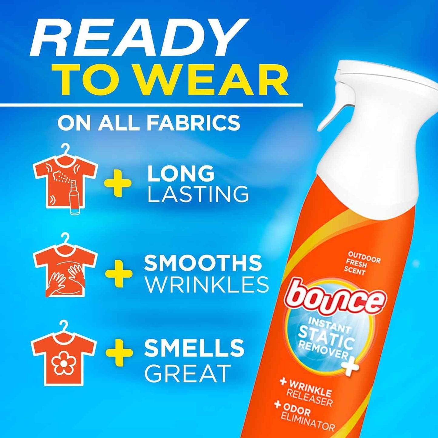 Bounce Anti Static Spray, 3 in 1 Instant Anti Static Spray & Instant Wrinkle Release, Odor Eliminator and Fabric Refresher Spray