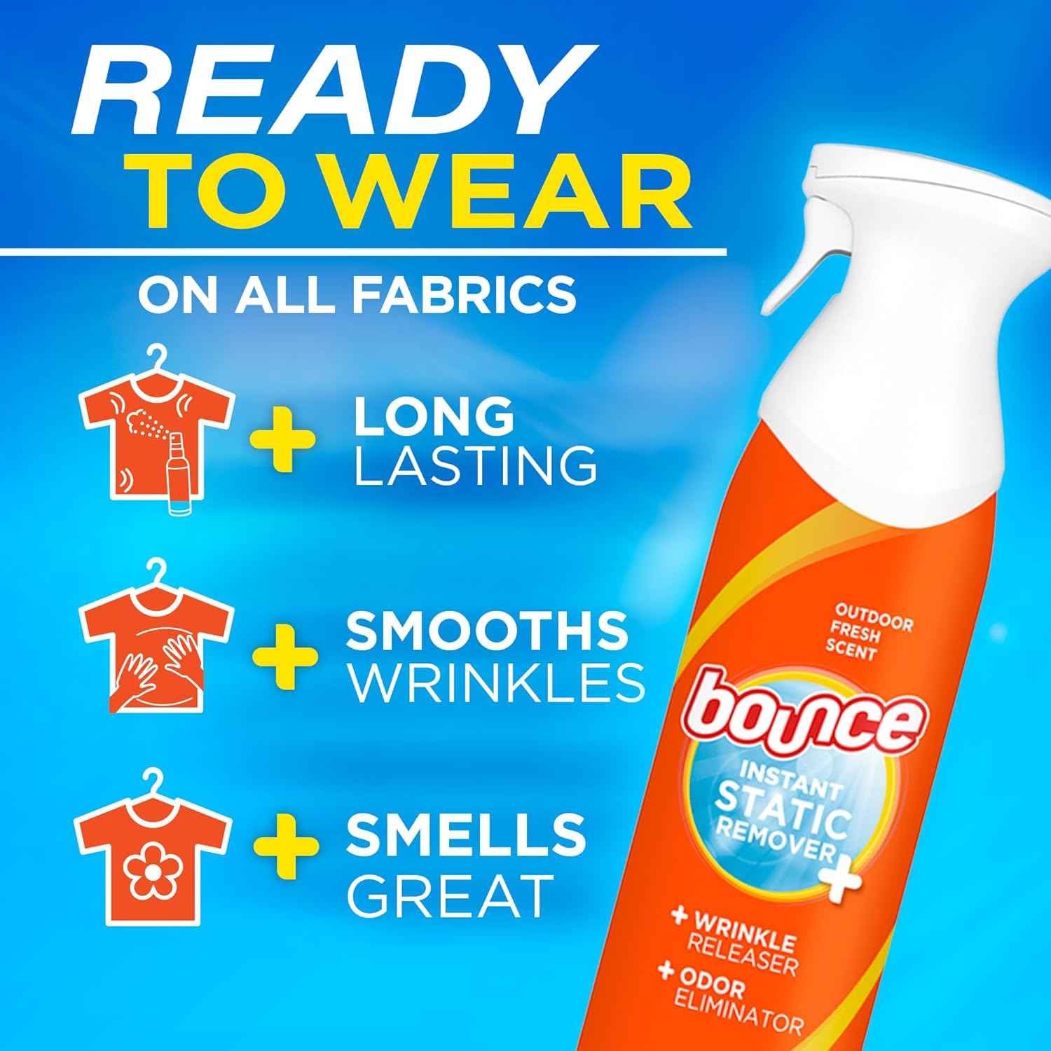 Bounce Anti Static Spray, 3 in 1 Instant Anti Static Spray & Instant Wrinkle Release, Odor Eliminator and Fabric Refresher Spray