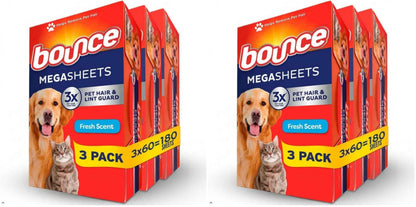 Bounce Pet Hair and Lint Guard Mega Dryer Sheets with 3X Pet Hair Fighters, Fresh Scent