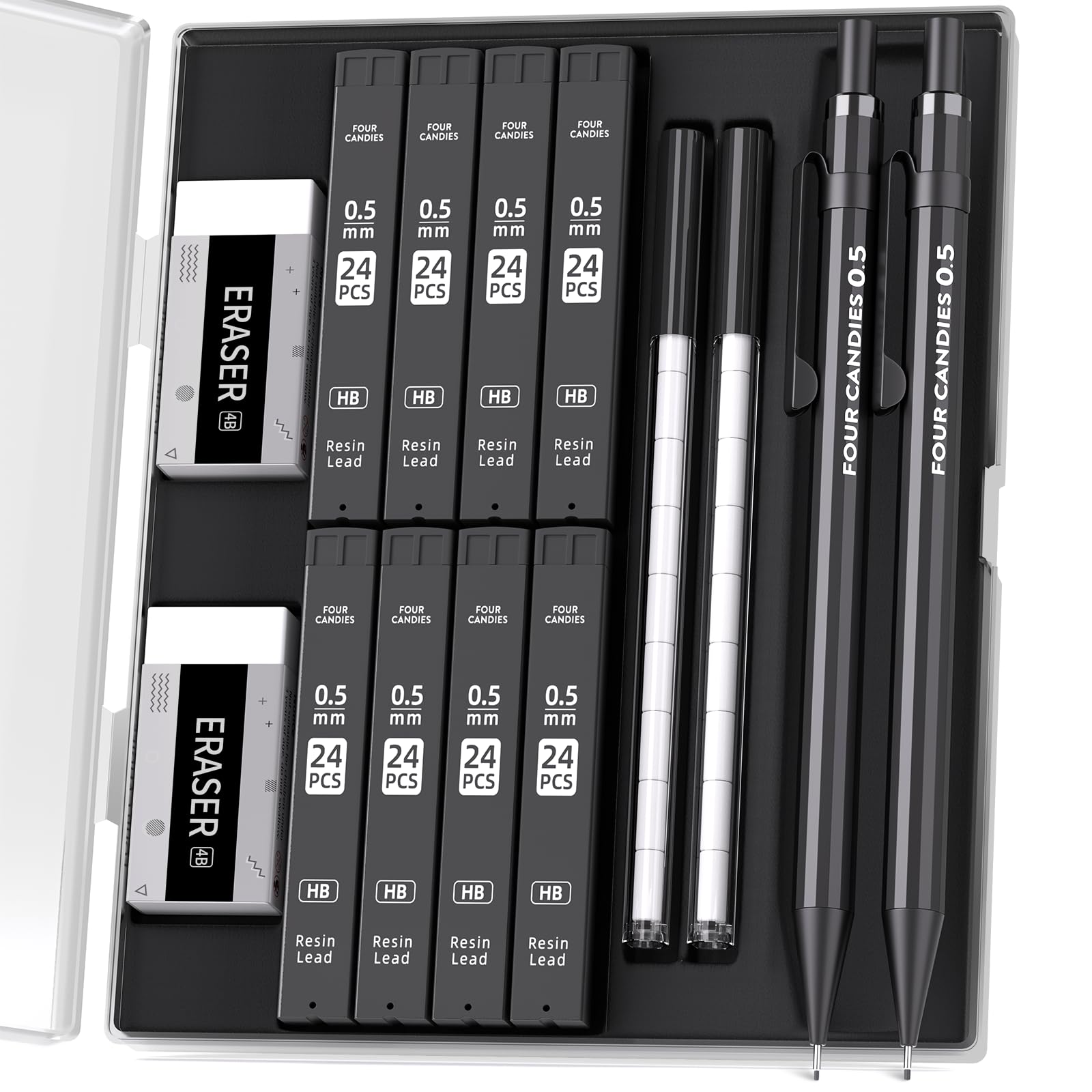 Four Candies Metal Mechanical Pencils 0.5mm, 2PCS Mechanical Pencils 0.5 with Dual Spring, 8 Tubes HB Lead Refills, 2PCS 4B Erasers and 18PCS Eraser Refills, Mechanical Pencil Set for Writing Drawing