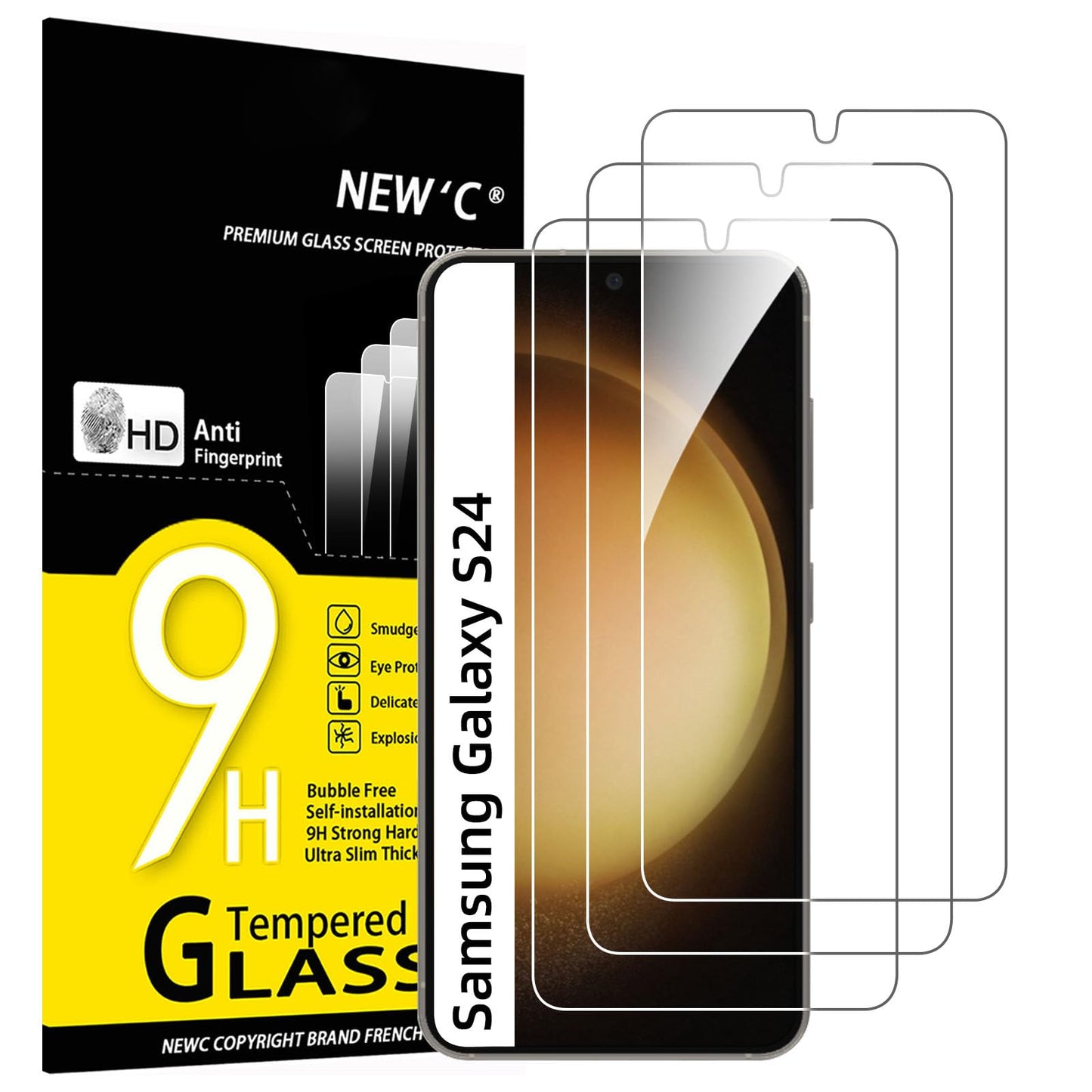 NEW&amp;#39;C 3 Pack Designed for Samsung Galaxy S24 Screen Protector Tempered Glass,(NON Compatible with S24 Plus, S24 Ultra), Case Friendly Ultra Resistant