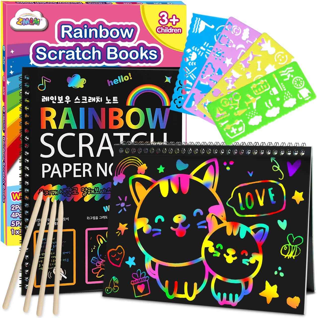 ZMLM Scratch Paper Art-Crafts Gift: 2 Pack Rainbow Notebooks Supplies Toys Easter Basket Stuffers for 3 4 5 6 7 8 9 10 Years Old Girls and Boys Kids Valentine's Day Birthday Party Travel Games