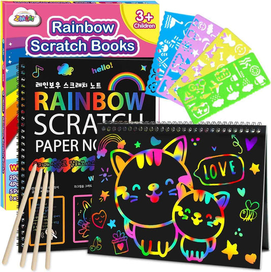 ZMLM Scratch Paper Art-Crafts Gift: 2 Pack Rainbow Notebooks Supplies Toys Easter Basket Stuffers for 3 4 5 6 7 8 9 10 Years Old Girls and Boys Kids Valentine's Day Birthday Party Travel Games
