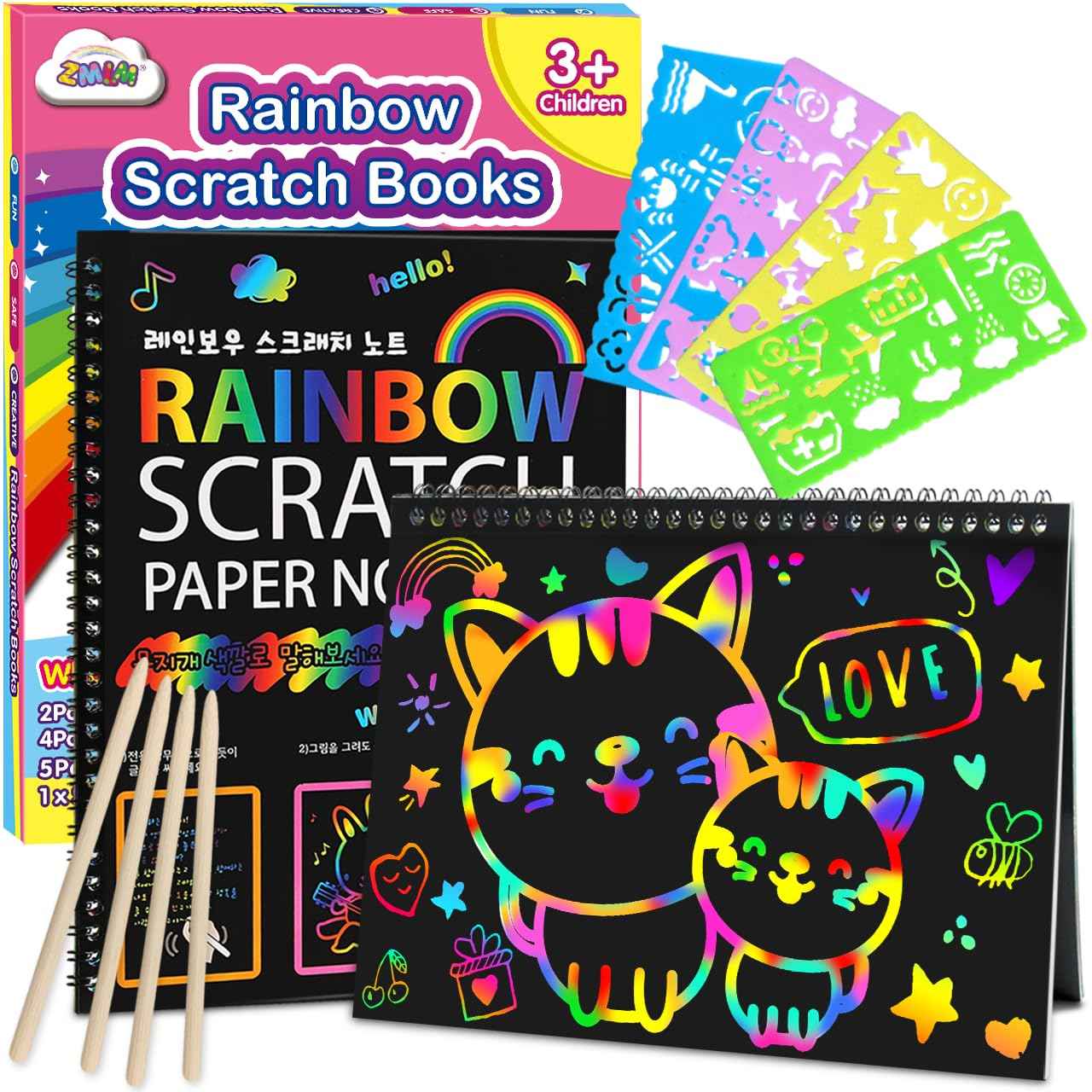 ZMLM Scratch Paper Art-Crafts Gift: 2 Pack Rainbow Notebooks Supplies Toys Easter Basket Stuffers for 3 4 5 6 7 8 9 10 Years Old Girls and Boys Kids Valentine's Day Birthday Party Travel Games