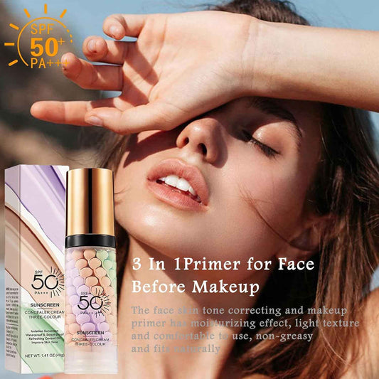 3 In 1 Primer for Face Before Makeup, Sunscreen Isolation Cream Face Tinted Moisturizer, SPF 50,One Step Color Corrector, Makeup Primer Oil Control & Concealer Skin Tone Correcting,Mothers Day Gifts