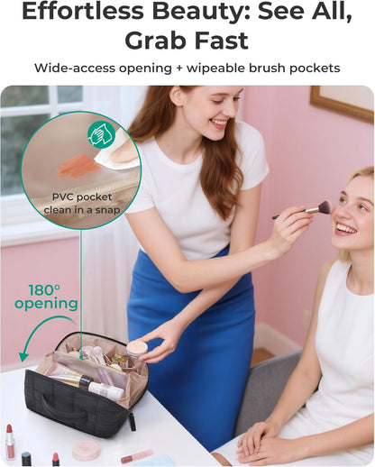 BAGSMART_Travel_Makeup_Bag_for_Women,_Portable_Water-resistant_Cosmetic_Case,_Puffy_Padded_Make_Up_Organizer_Pouch,_Open_Flat_Toiletry_Bag_for_Toiletries,_Brushes,_Brown
