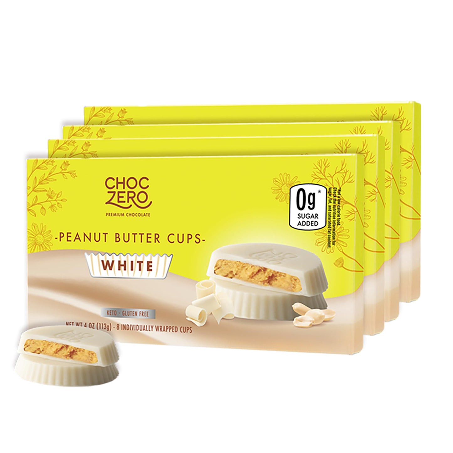 ChocZero White Chocolate Peanut Butter Cups, No Added Sugar, Low Carb Snack, High Fiber, Keto Friendly, 32 Total Cups (4 Ounce, Pack of 4)