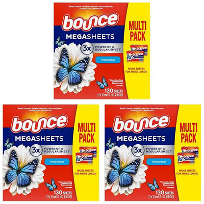 Bounce Mega Dryer Sheets, Fresh Breeze, 130 Count, Mega Fabric Softener Sheets with Static Control, Wrinkle Reduction, Extra Softness, Lasting Scent, Repels Lint