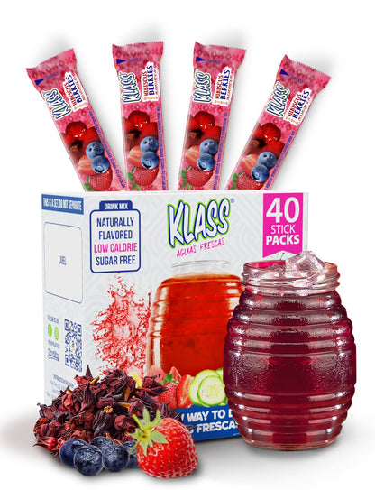 Klass Aguas Frescas, Powdered Drink Mix, 40 Singles Zero Sugar &amp;amp; Caffeine-Free Powder Packets, Water Drink Mix, Flavor: Hibiscus Berries - 5 Calories Per Packet &amp;amp; Natural Flavors