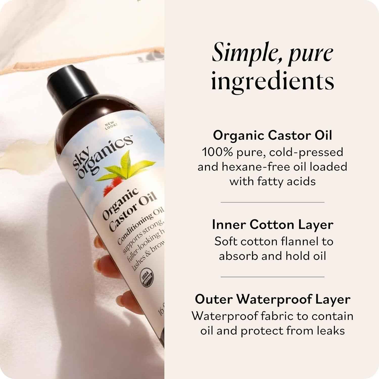 Sky Organics Castor Oil - USDA Certified Organic Hair Oil for Hair Growth, Skin, Face, Eyelashes - Cold Pressed & Hexane Free - Pure Organic Castor Oil Pack Wrap - Carrier & Hair Treatment Oil