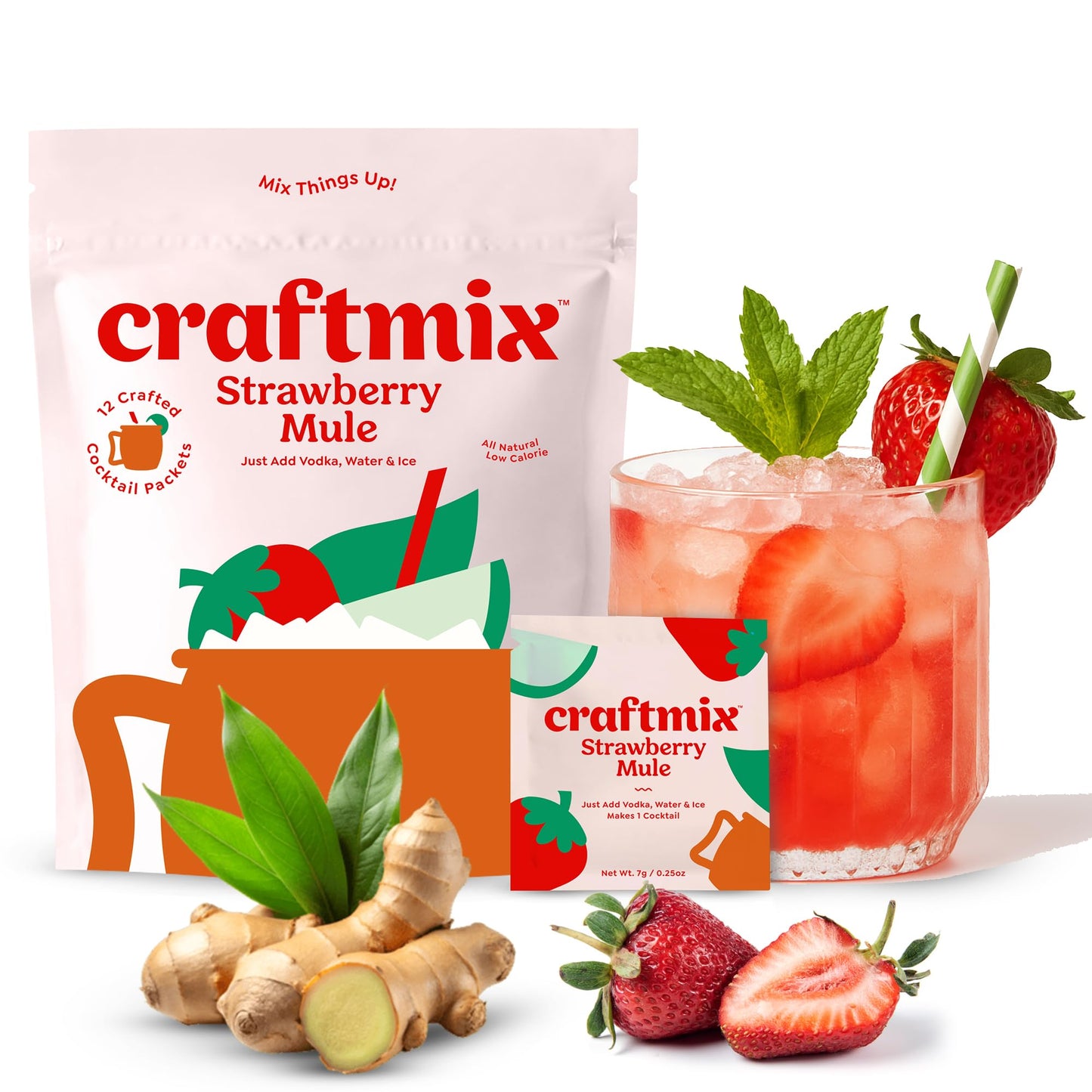 Craftmix Strawberry Mule Cocktail &amp;amp; Mocktail Drink Mixer, Skinny Mixes - Water Flavoring Packets - Made With Real Fruit - Vegan, Low-Carb, Low-Sugar, Non-GMO, Dairy Free, Gluten Free, 12 Pack