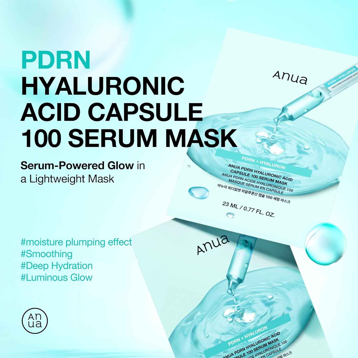 Anua PDRN Hyaluronic Acid Capsule 100 Serum Mask, Hydrating & Soothing Face Mask for Glass Skin, Dewy Glow and Firm Looking Skin, Salmon DNA & Collagen, Lightweight Texture, Korean Skin Care (10EA)