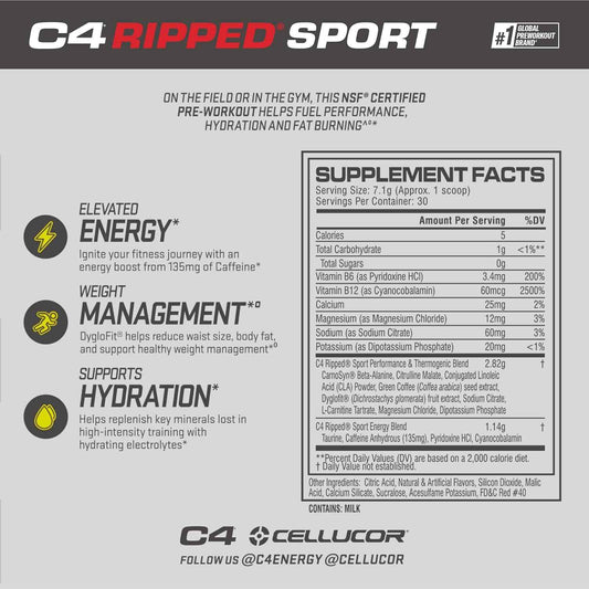 C4 Ripped Sport Pre Workout Powder - NSF Certified for Sport + Zero Sugar Preworkout Energy Supplement for Men & Women - 135mg Caffeine + Weight Loss - 30 Servings