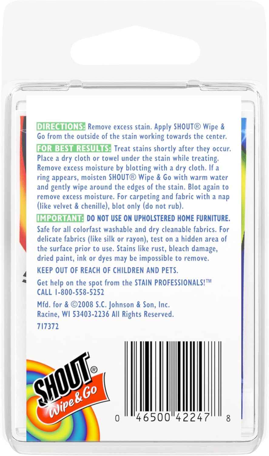 Shout Wipes, Wipe and Go Instant Stain Remover, Laundry Stain and Spot Remover for On-the-Go, 4 Wipes (Pack of 1)