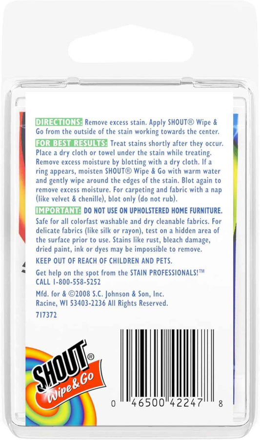 Shout Wipes, Wipe and Go Instant Stain Remover, Laundry Stain and Spot Remover for On-the-Go, 4 Wipes (Pack of 1)