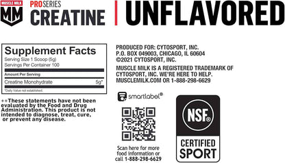 Muscle Milk Pro Series Creatine Powder Supplement, Unflavored, 1.1 Pound, 100 Servings, 5g Creatine Monohydrate, NSF Certified for Sport, Packaging May Vary
