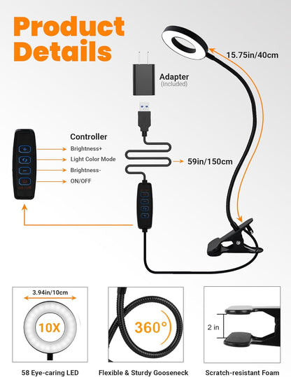 10X_Magnifying_Glass_with_Light,5_Colors+10_Brightness_Reading_Lamp,58_LED_Magnifier_with_Light,750_Lumen_Lighted_Magnifying_Glass_for_Reading,Clip_on_Lamp_for_Desk/Bed/Work/Nail_[Adapter]