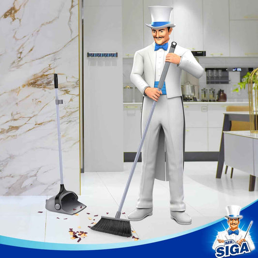 MR.SIGA Broom and Dustpan Set with Adjustable Long Handle, Upright Combo for Floor, Cleaning Lobby