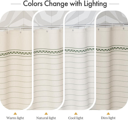 AmazerBath_Boho_Shower_Curtain,_Modern_Farmhouse_Shower_Curtain_Set_with_Tassels,_Rustic_Faux_Linen_Green_Striped_Shower_Curtain_with_Hooks,_Light_Tan_Toned,_72x72_Inches