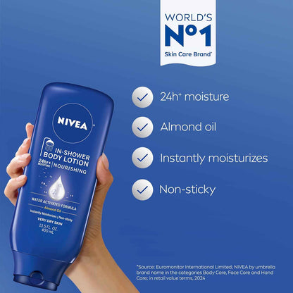 NIVEA Nourishing In Shower Lotion, Water Activated In Shower Moisturizer for Dry to Very Dry Skin, 13.5 FL OZ