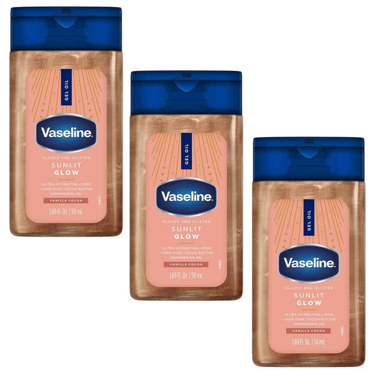 Vaseline Glazed and Glisten Sunlit Glow Body Gel Oil, Ultra-Hydrating Lipids with 100% Pure Cocoa Butter and Shimmering Oil, Vanilla Cocoa Scent, 1.69 Fl Oz, 3 Pack