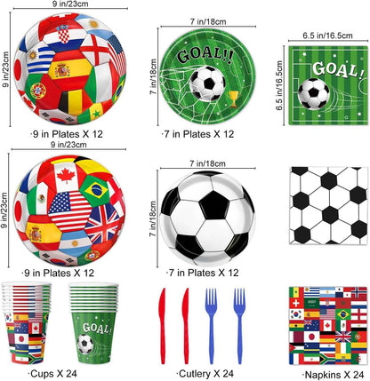 Soccer Birthday Party Decorations Includes Plates, Napkins, Cups, Banner, Hanging Swirls, Tablecloths, Balloons, Cupcake Toppers for 2026 Soccer Party Decorations, Serves 24