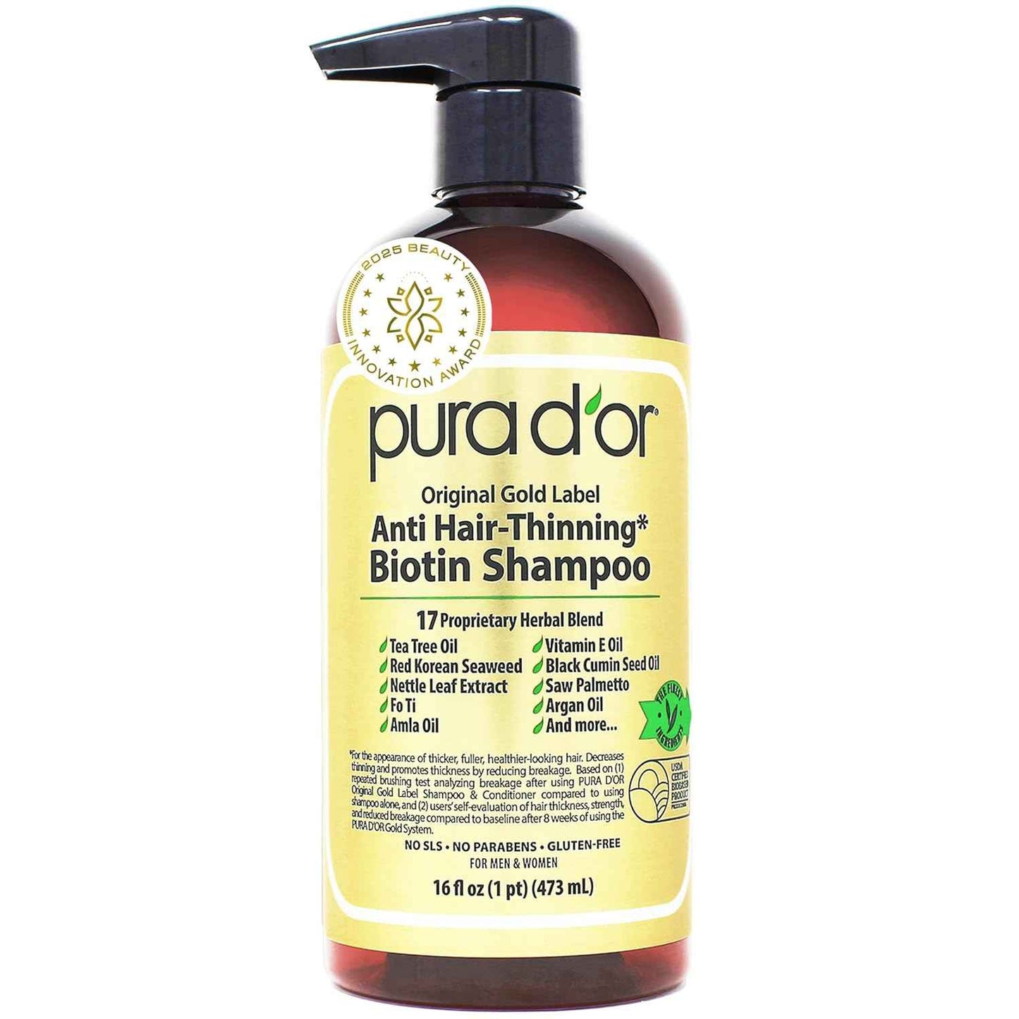 PURA D'OR Original Gold Label Anti-Thinning Shampoo - CLINICALLY TESTED - Biotin & Argan Oil – Sulfate-Free Strengthening & Volumizing for Fuller-Looking Hair, Men & Women, Natural Earthy Scent