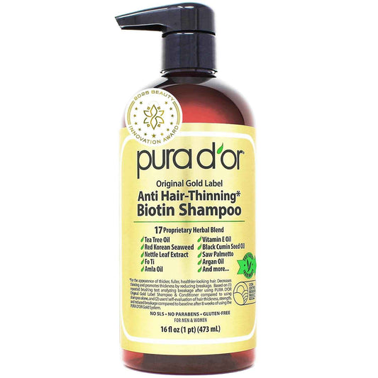 PURA D'OR Original Gold Label Anti-Thinning Shampoo - CLINICALLY TESTED - Biotin & Argan Oil – Sulfate-Free Strengthening & Volumizing for Fuller-Looking Hair, Men & Women, Natural Earthy Scent