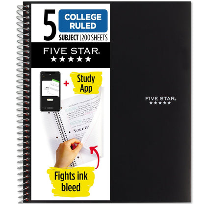 Five Star Spiral Notebook + Study App, 5 Subject, College Ruled Paper, 8-1/2&amp;#34; x 11&amp;#34;, 200 Sheets, Fights Ink Bleed, Water Resistant Cover, Black (72081)