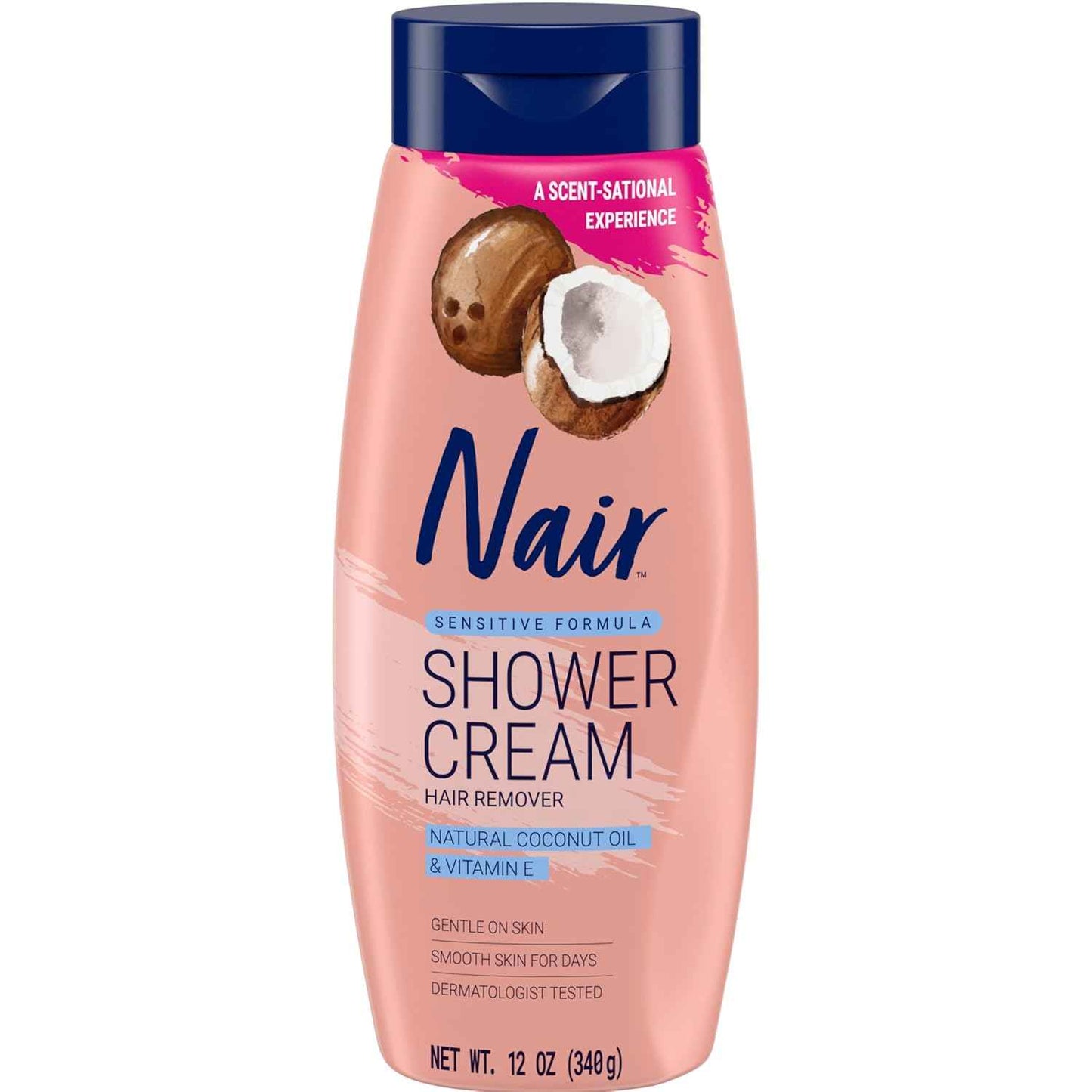 Nair Sensitive Formula Shower Cream, Quick and Easy Hair Removal Cream with Coconut Oil and Vitamin E for Body, 12 oz  